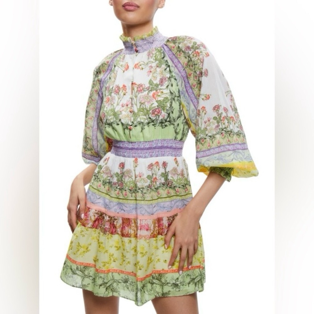 Alice + Olivia Pastel Floral Tiered Mini Dress in Green, Yellow, Purple - Picture 2 of 6